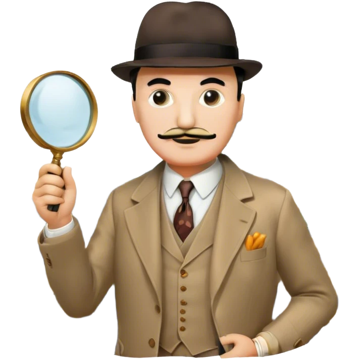 A cinematic-style frame showing Hercule Poirot in his iconic suit with a magnifying glass in a dramatic detective pose. Background should be mysterious city, a board with photos of suspects, clues like fingerprints. Transparent background. emoji