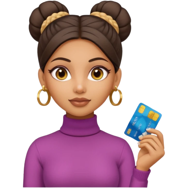 a pretty bratz fair indian girl wearing a beige turtleneck, golden earrings, bun, holding bank cards emoji