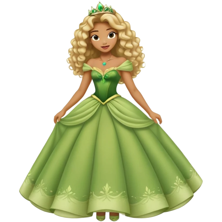 Disney Princess Tiana with extremely long blonde curly hair, green dress emoji