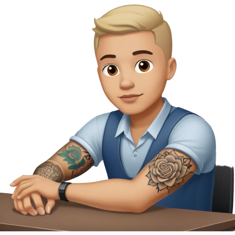 Man Working at a desk in love with a tattoo on his arm emoji
