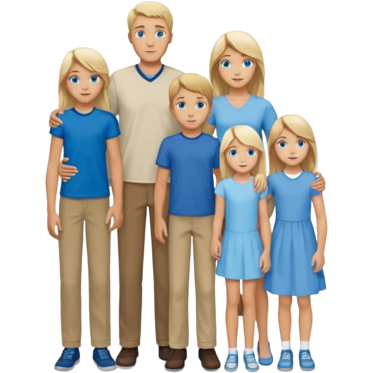 Familie: alle blauäugig, lang und schlank, Vater, Mutter( blond), zwei Mädchen( , 18-jährige hat braune Haare, 13 jährige hat blondes Haar), 2 Jungs( 9 und 6, der 9 Jährige hat dunkelblondes/braunes Haar, große blaue Augen, der 6 jährige ist hellblond und ziemlich frech).  emoji