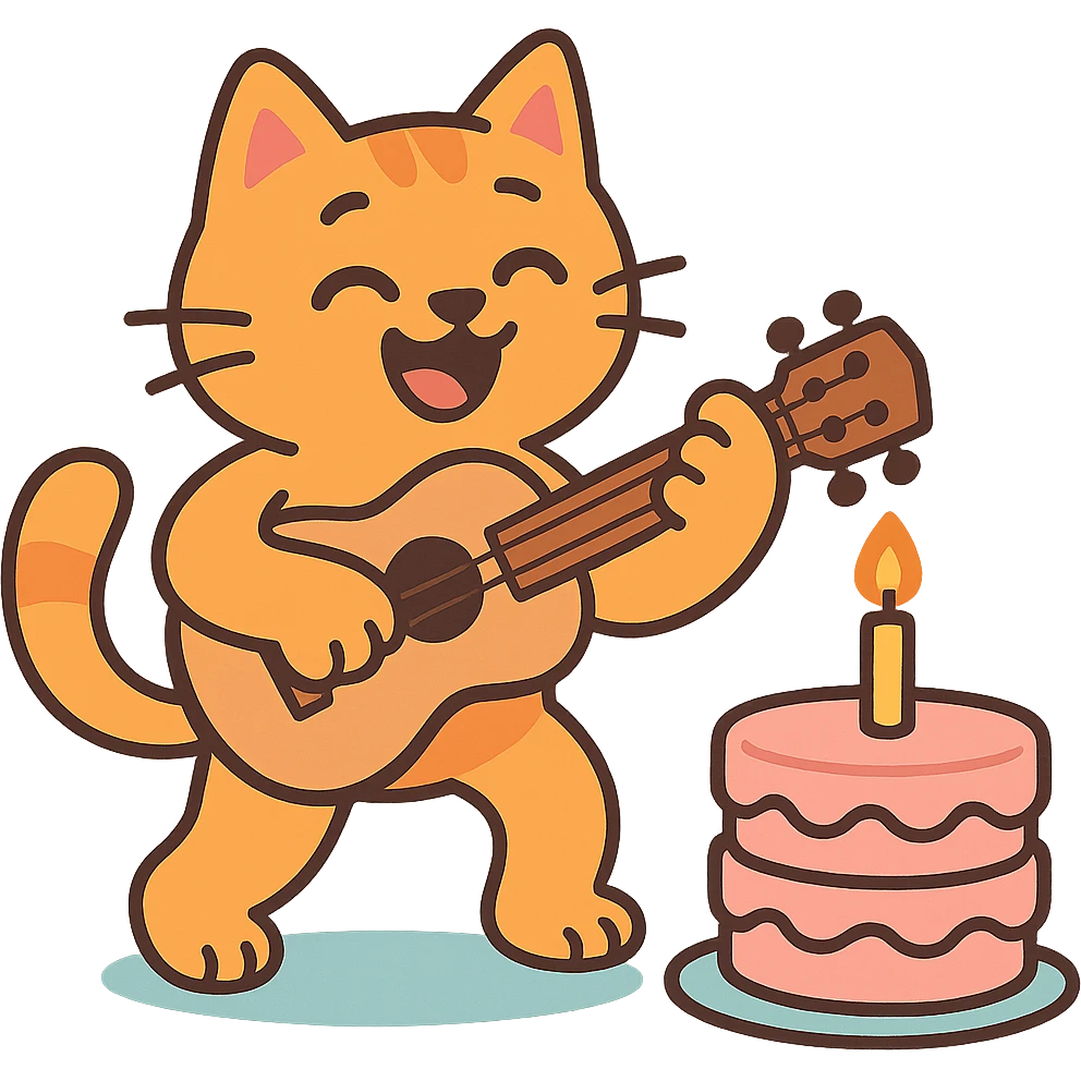 cat playing guitar next to a cake, pastel-toon style emoji