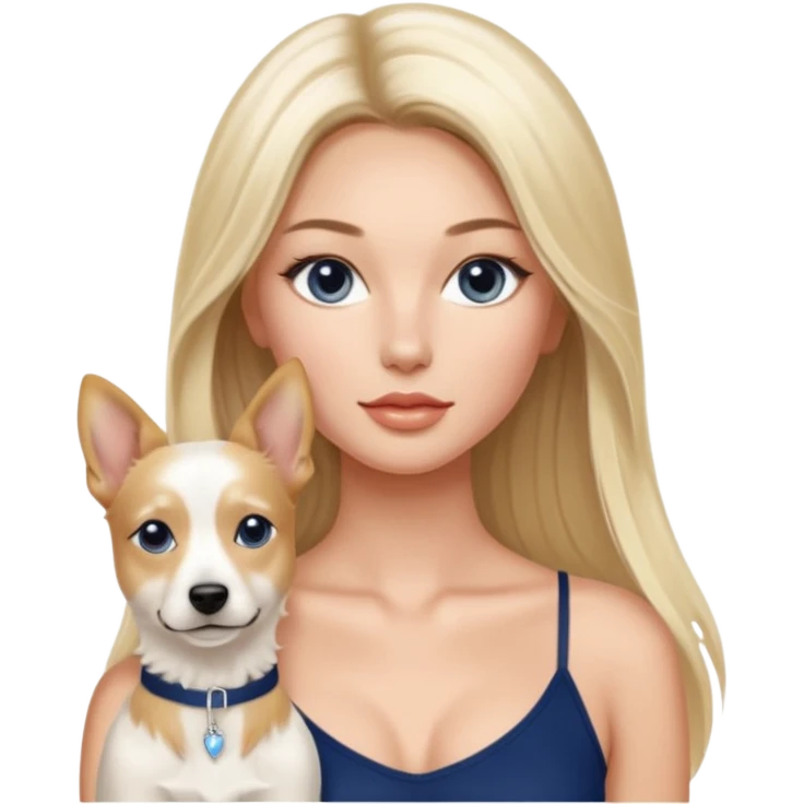 Victoria’s Secret model with long light blonde straight balayage hair, dark blue almond and small eyes, oval face, small lips, skinny long waist, firm legs, White Spaghetti top, with a White belgian dog  emoji