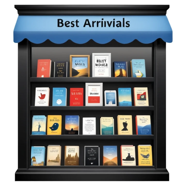 Bookstore window display. A sign displays “New Arrivals This Week”. Below, a shelf tag with the text “Best-Selling Novels Here”.  emoji