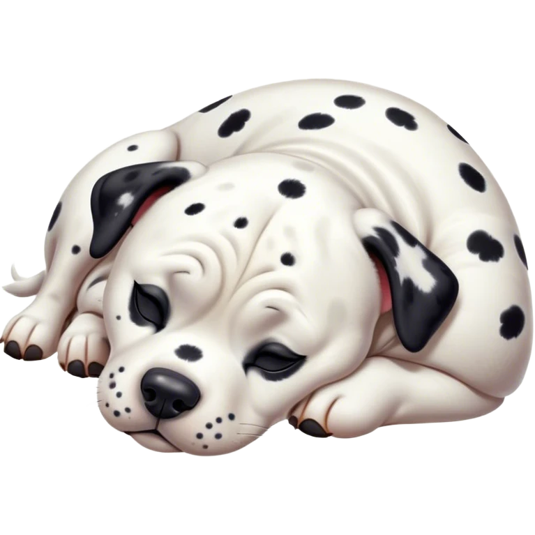 Cinematic Chubby Sleeping Dalmatian Portrait Emoji, Chubby and serene, with a round, plump build and a glossy white coat adorned with distinctive black spots, eyes gently closed in peaceful slumber, Simplified yet irresistibly endearing features, highly detailed, glowing with a gentle, dreamy glow, high shine, relaxed and content, stylized with a touch of whimsy, bright and heartwarming, soft glowing outline, capturing the essence of a blissfully sleepy companion, so comically serene it feels like it could roll out of the screen and snore with adorable charm! emoji