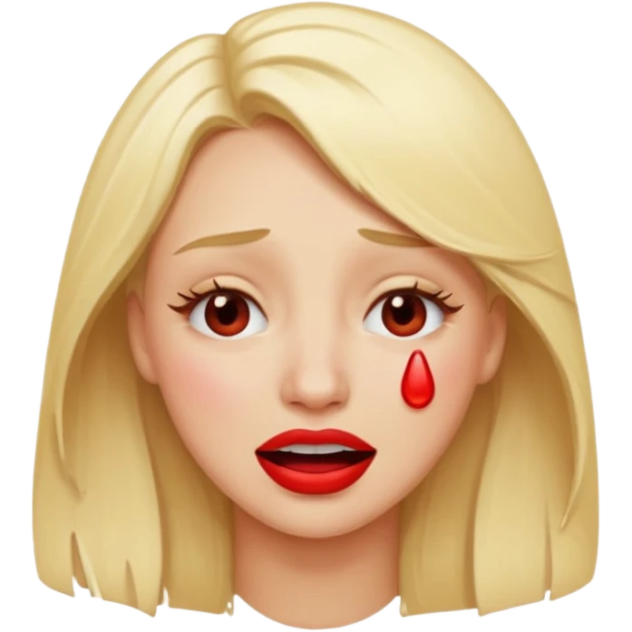 blonde having crying emoji tears from hard laughter. really happy in general, happy eyes. red lipstick emoji