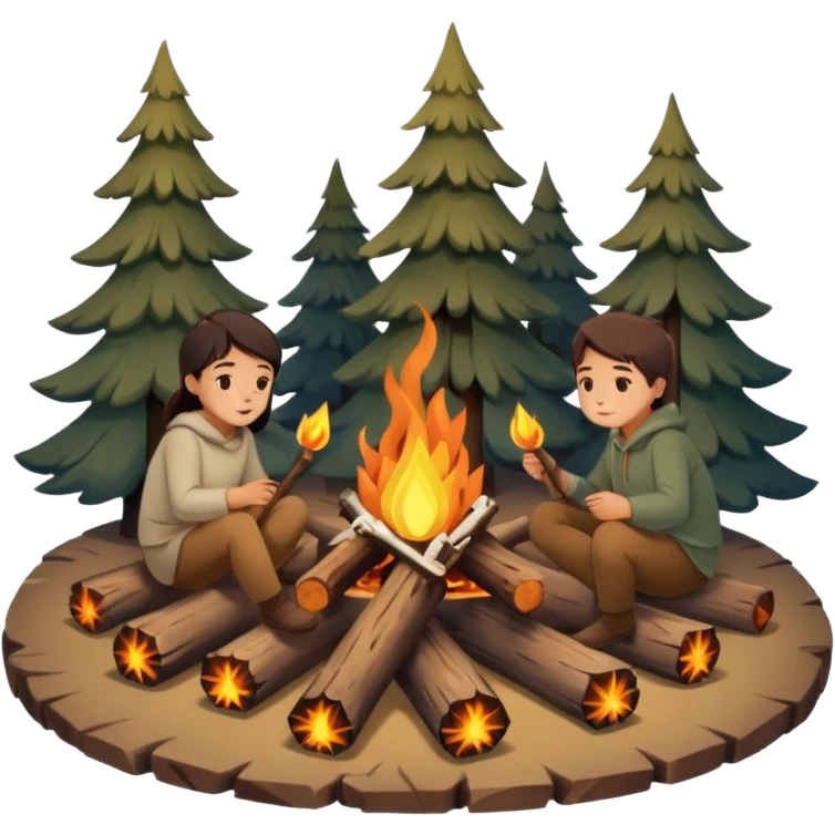 A cozy campfire emoji with two logs and glowing embers, with subtle human silhouettes sitting around. Warm tones, minimal flat emoji style, white background. emoji
