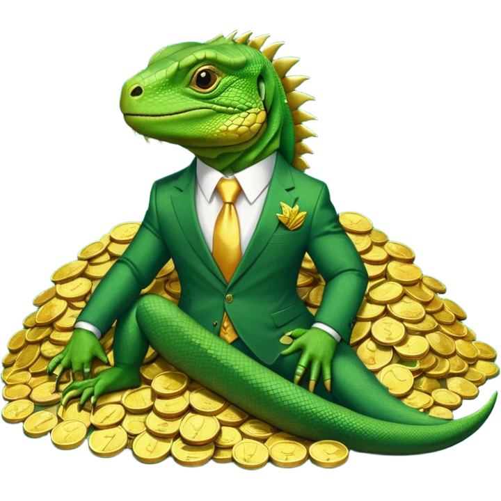 capitalist iguana in suit lying on coins emoji
