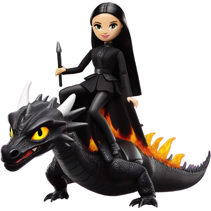 masked, empowered and glamorously dressed, Wednesday Addams Barbie Jedi flying the back of a very large black shiny evil-looking fire-spewing horned dragon. proper scale emoji