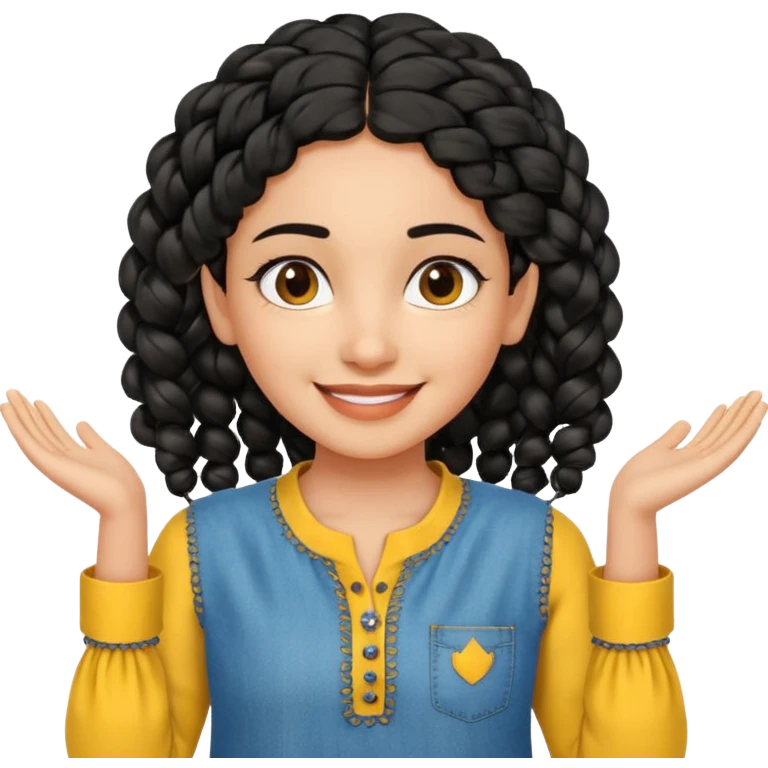 smiling fair Indian girl, curly braided hair, yellow kurti, blue jeans, hands at sides emoji