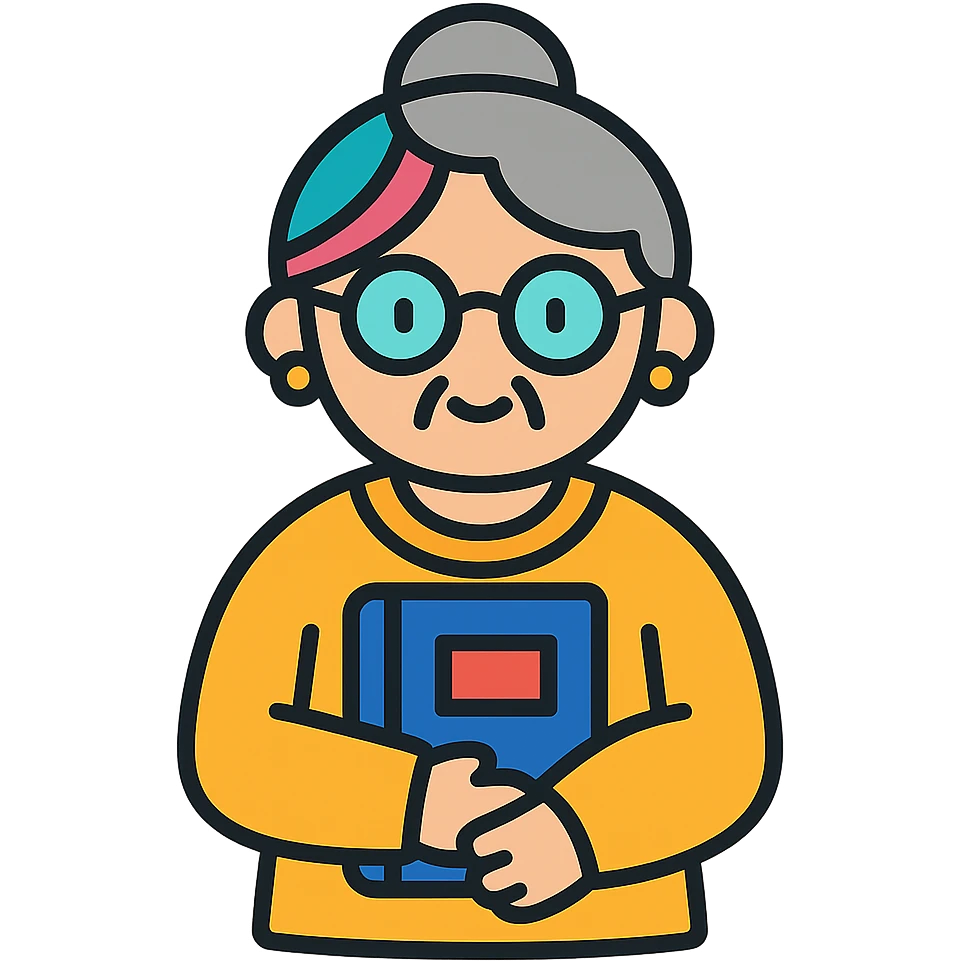 Gen Z style librarian granny with colorful hair streaks, trendy glasses, oversized sweater, holding a book, color outline icon emoji