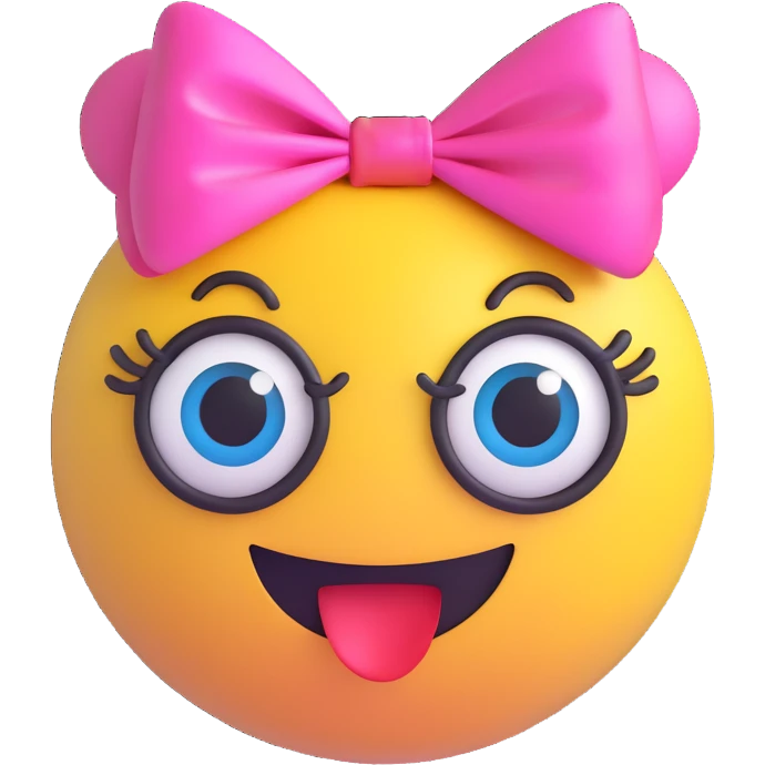 3D smiley emoji, large eyelashes, girly, colorful bow, surprised face emoji