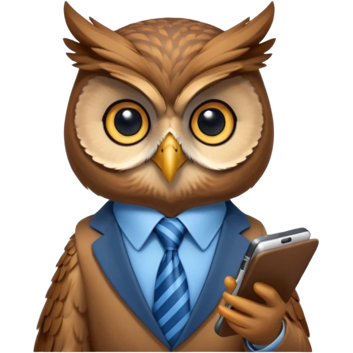 Сова в галстуке держит телефон крылом, внимательно слушает, блокнот под лапой  emoji