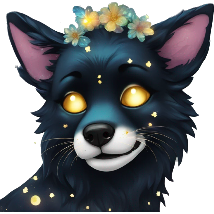 Black iridescent dog fox face head zombie skeleton gold mechanical nebula galaxy stars flowers fairy lights vintage emoji