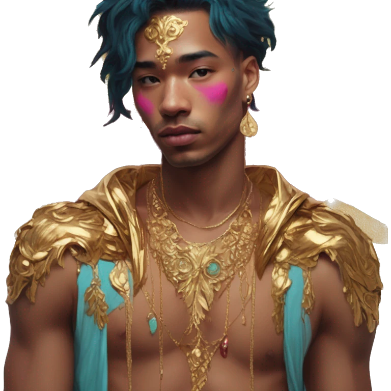 Vintage painting swirls gold jewellery baroque raven wings angel tropical Deep pink maroon burgundy cyan dark hoodie man vitiligo dyed hair gold piercings nose piercing ear piercings emoji