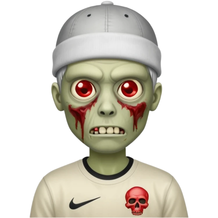 a zombie with the edgar hair cut chrome hearts shirt, one red eye and a nike skully on his head emoji