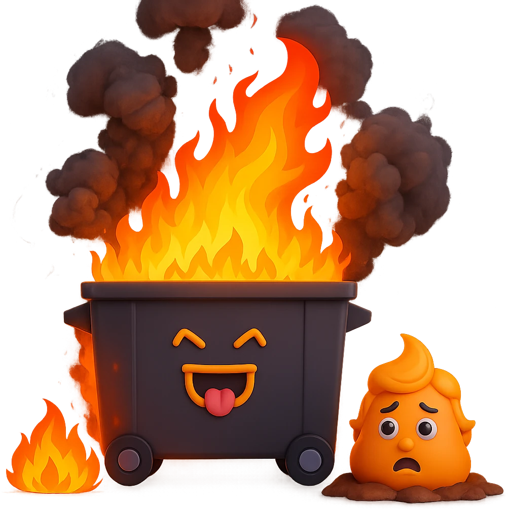 Add much more fire and thick smoke to the background, keep the Trump-poop combination clear, in the style of 3D emoji. Remove the background. emoji