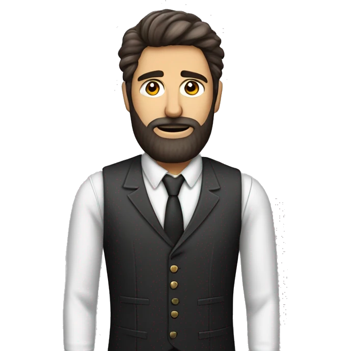 L'image montre un homme barbu avec des cheveux bruns, en chemise rayée, cravate rayée, et gilet noir. Ses bras sont levés, paumes vers le haut, exprimant la confusion. Son expression est perplexe.   emoji