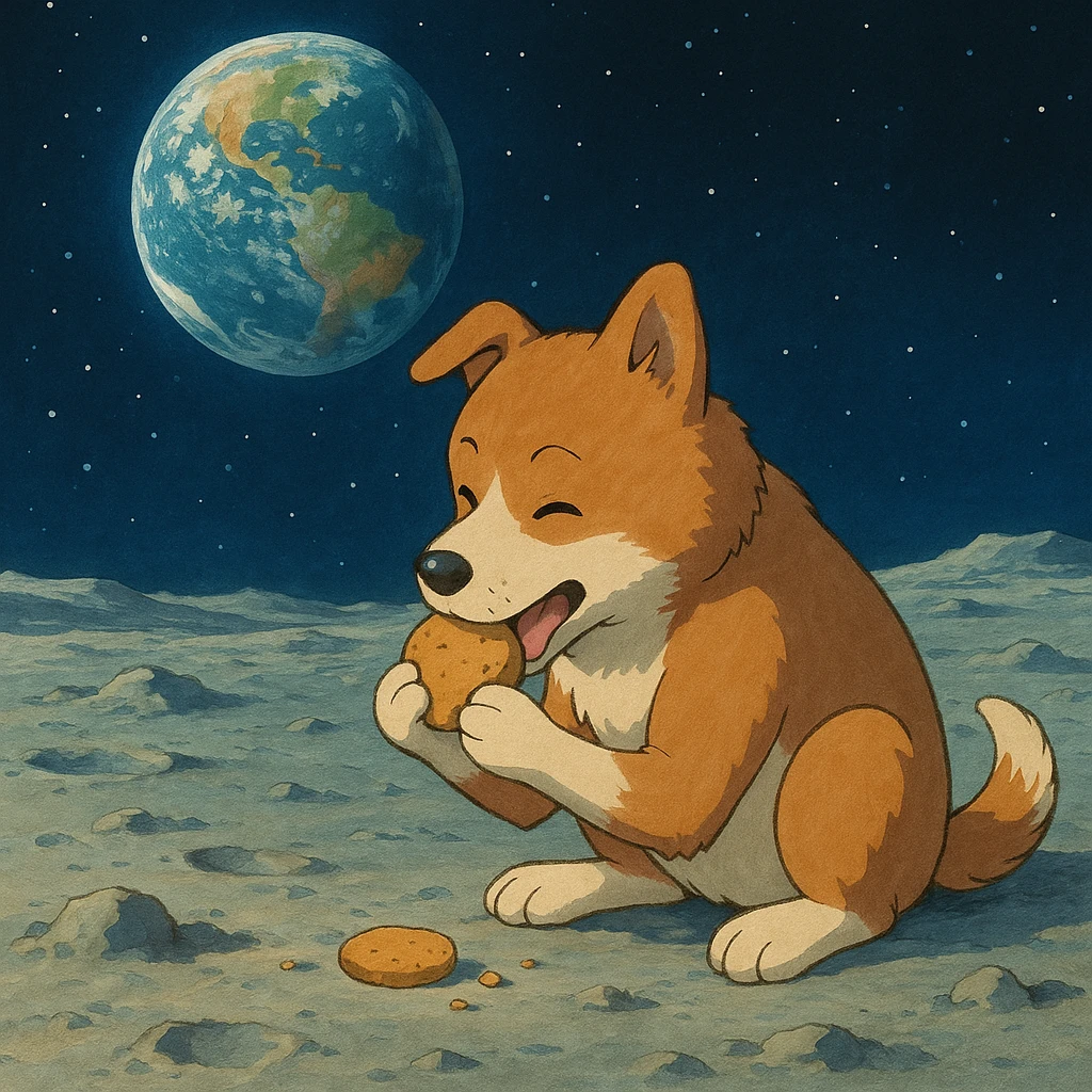 a dog eating something on the moon, ghibli style emoji