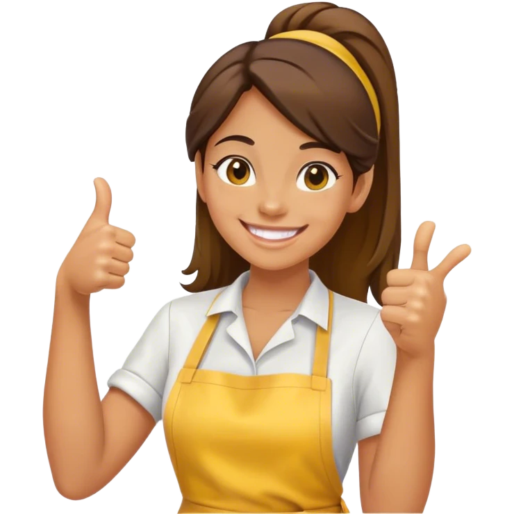 girl 25 years old smiling in a yellow apron gives a thumbs up emoji