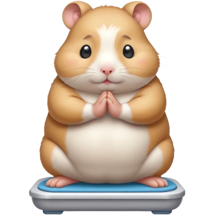 Cute chubby cartoon-style hamster standing on a bathroom scale, looking nervous with praying hands. Painterly shading, closed eyes, white background, sticker-style illustration emoji