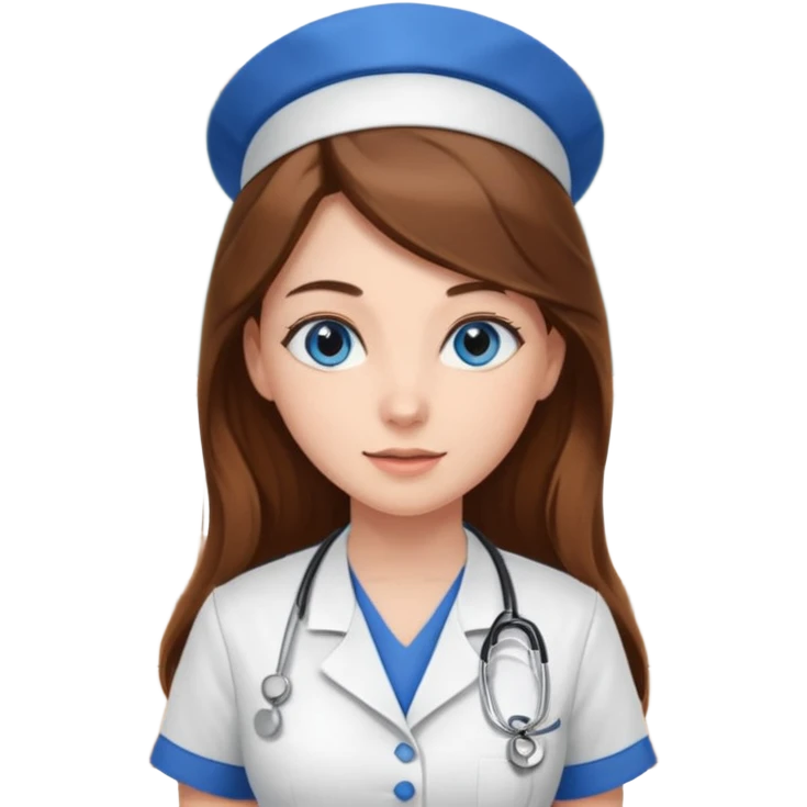 pretty female nursing student with long brown hair, blue eyes inside a classroom at university emoji
