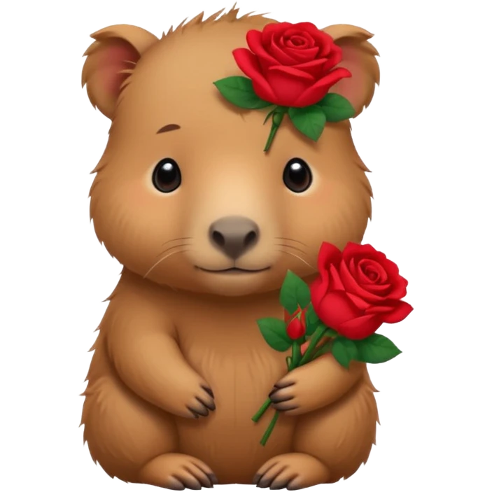Cute baby capypara with sad puppy dog eyes holding roses  emoji