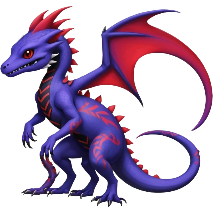 Rare warm-colored exotic gloomy tropical edgy cute epic aesthetic spooky indigo purple white black red gothic colorful Salandit-charmeleon-sergal-species-Fakemon-hybrid-creature, with tribal tattoo markings, full body emoji