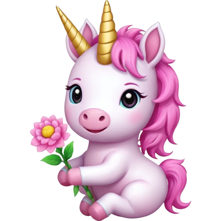 Cute happy anime style pink baby unicorn holding a flower 
 emoji