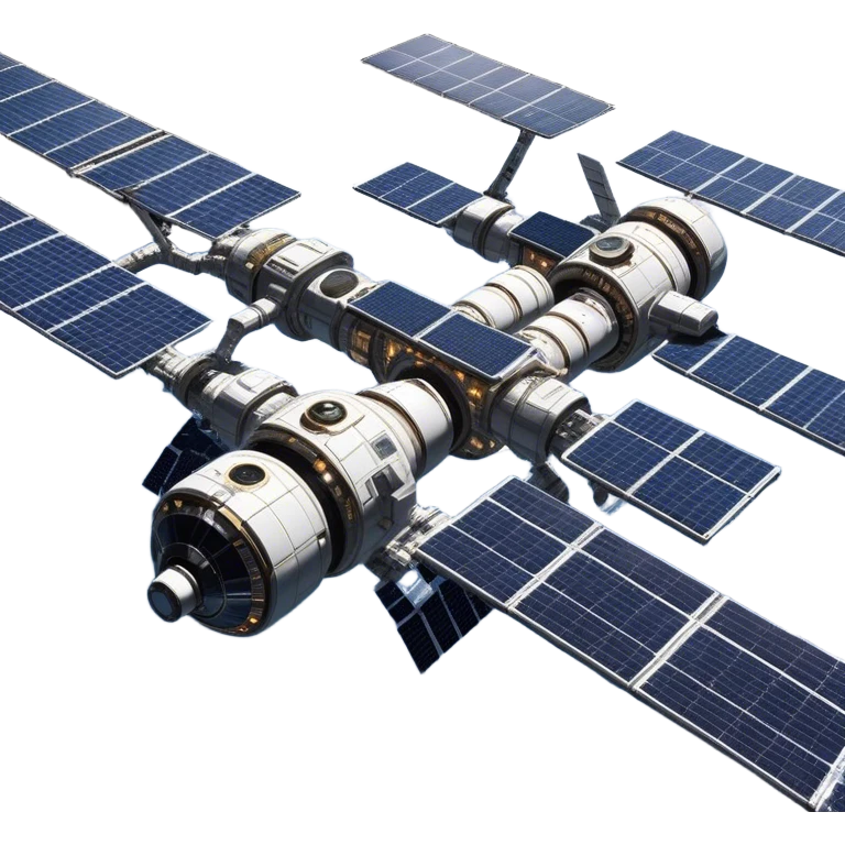 Cinematic Realistic Space Station – A highly detailed, sprawling orbital station with complex solar panels and intricate docking modules. The metallic structure glows faintly from reflected sunlight, with the curvature of Earth and the deep blackness of space in the background. emoji