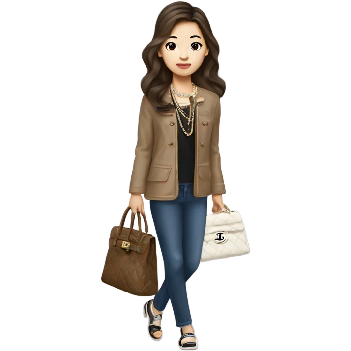 Realistic brown hair Chanel Asian Girl with Birkin bag and Chanel necklace emoji