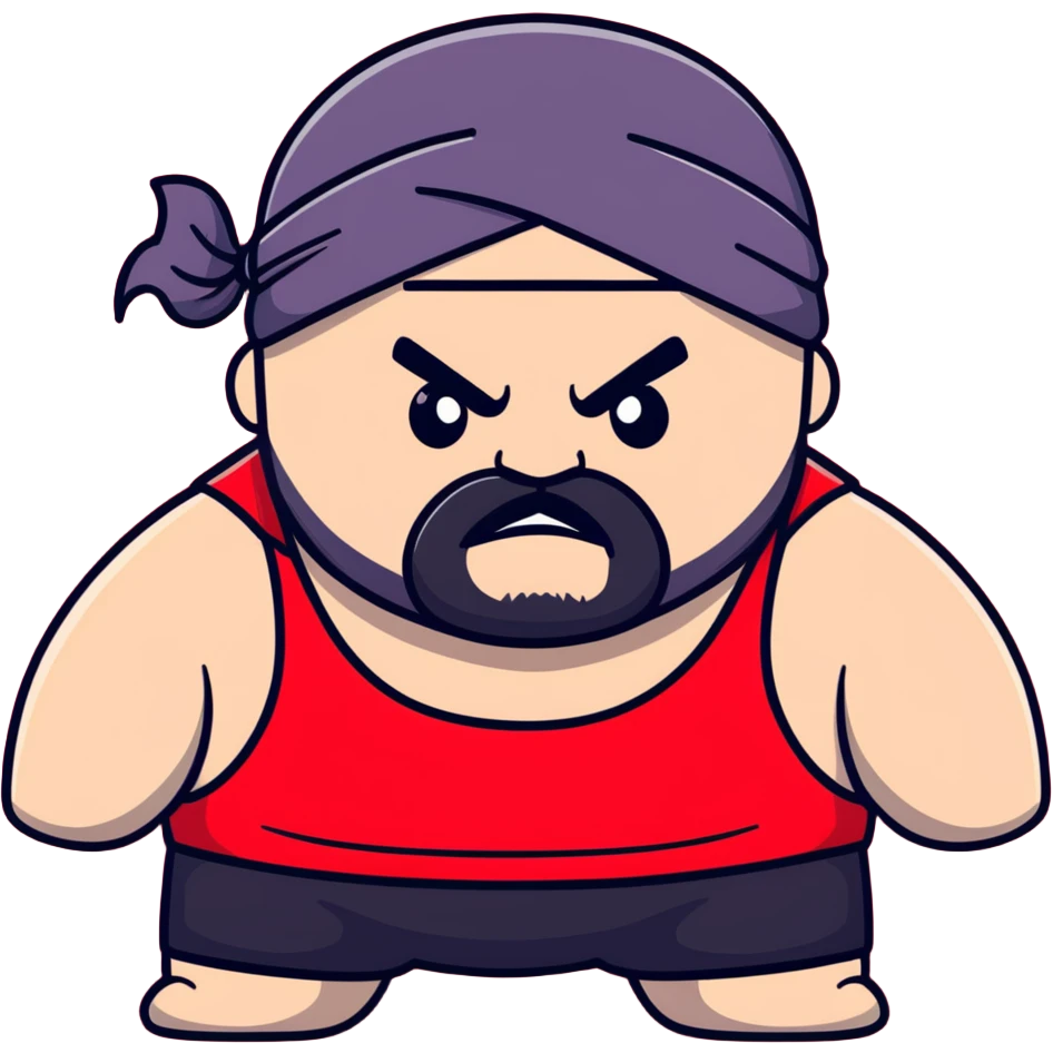 Close-up of extremely fat white skin guy with young face, prominent BLACK DURAG tied clearly on head, distinct black beard and mustache, no muscle, black eyes in a red and black wrestling singlet with angry face emoji