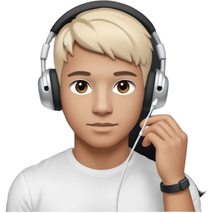 парень диджей накаченный молодой с диджейский пультом красивый парень со светлыми волосами и черно кориченывыми глазамами и в наушниках apple airpods белых, в черной футболке  emoji