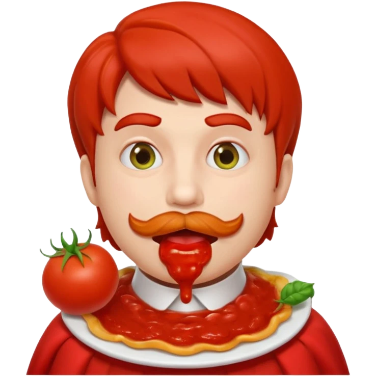funny theater actor character who ate tomatoes, tomato sauce around mouth, dramatic expression, stage costume collar, 3D cartoon, mobile game icon style, clean background, no text, no watermark
 emoji