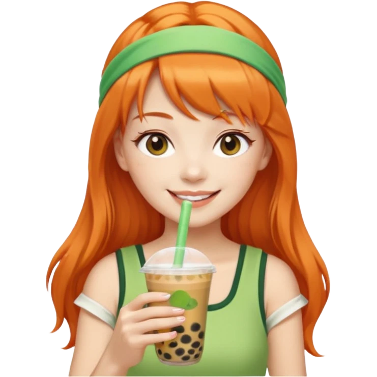 Create an emoji of a fair-skinned woman with long orange hair, bangs, and a green headband, holding a cup of bubble tea. emoji