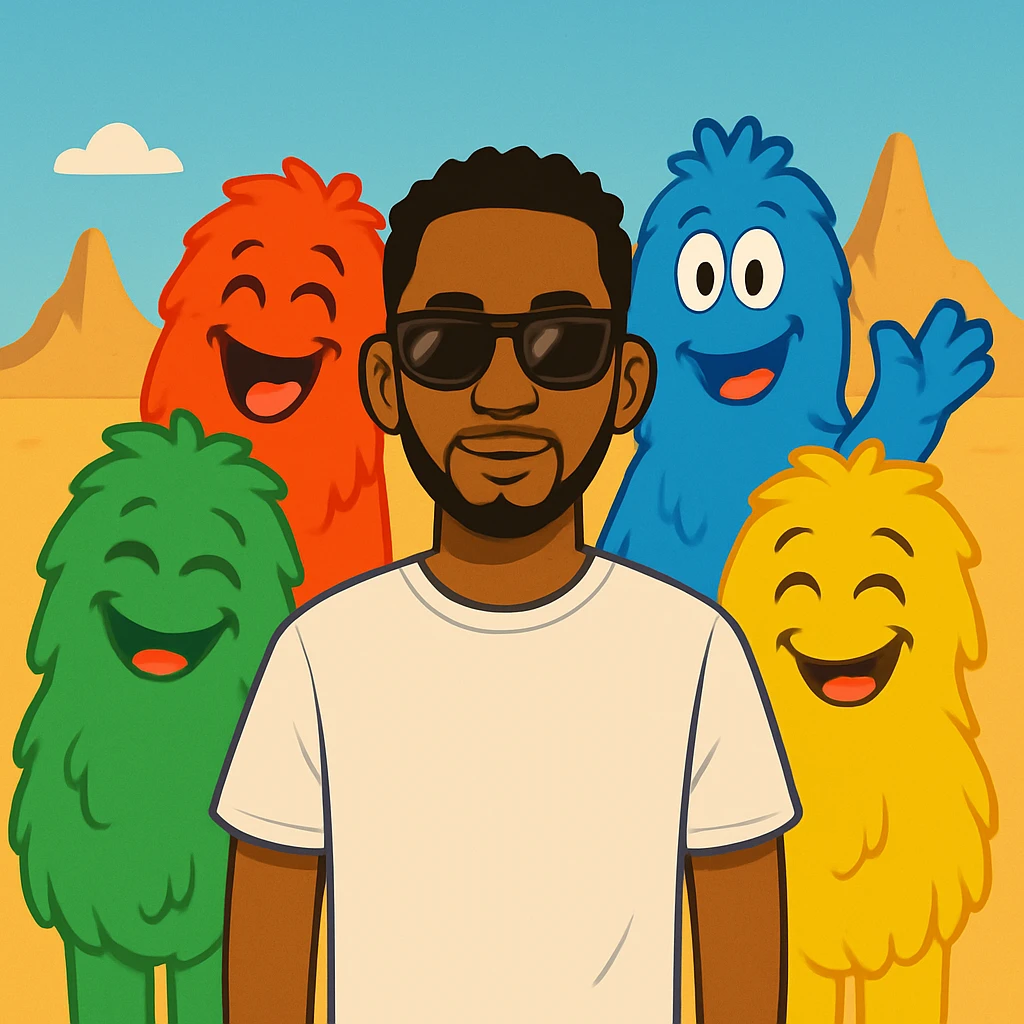Edit the image of Omah Lay so that his hands are not touching his glasses. He should have a relaxed, confident pose with his arms at his sides. Keep him in front of the four colorful furry background characters. The style should be cartoon emoji style, capturing the look and feel of cartoon emojis. emoji