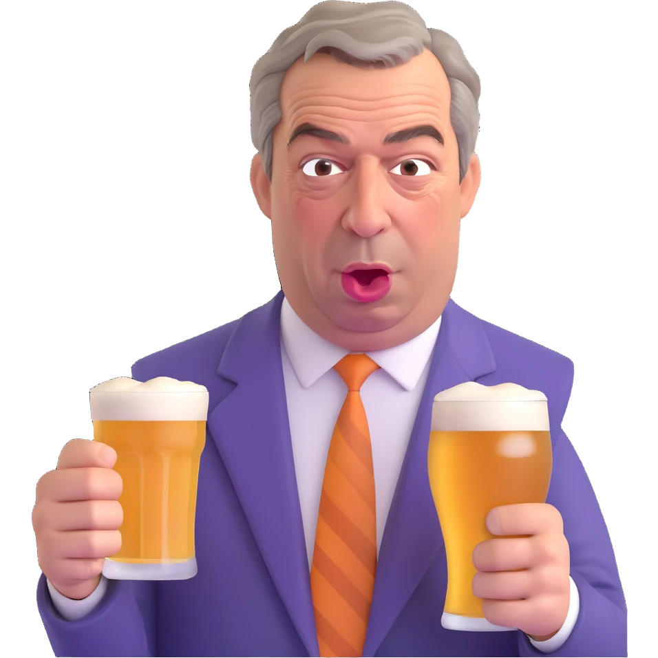 Make it funny: Nigel Farage looking grumpy but comically exaggerated, holding a pint of lager, in a 3D emoji style, with no background. emoji