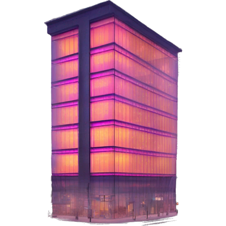 “Modern glass building with neon ‘Trendimizbir’ sign glowing brightly on the top floor. emoji