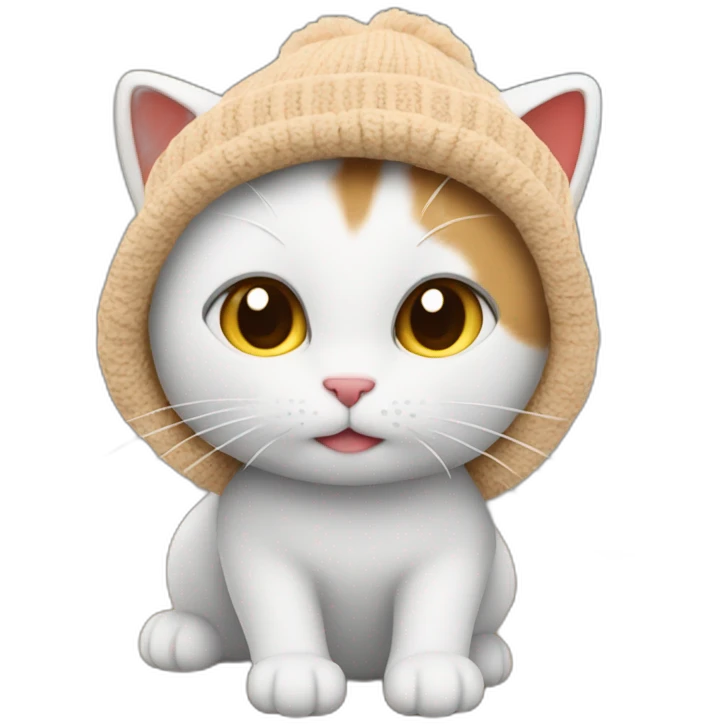 The cat in the beanie hat is red, the hat is on one side of the cat's head, the second ear is open and it is light brown, and the cat itself is white emoji