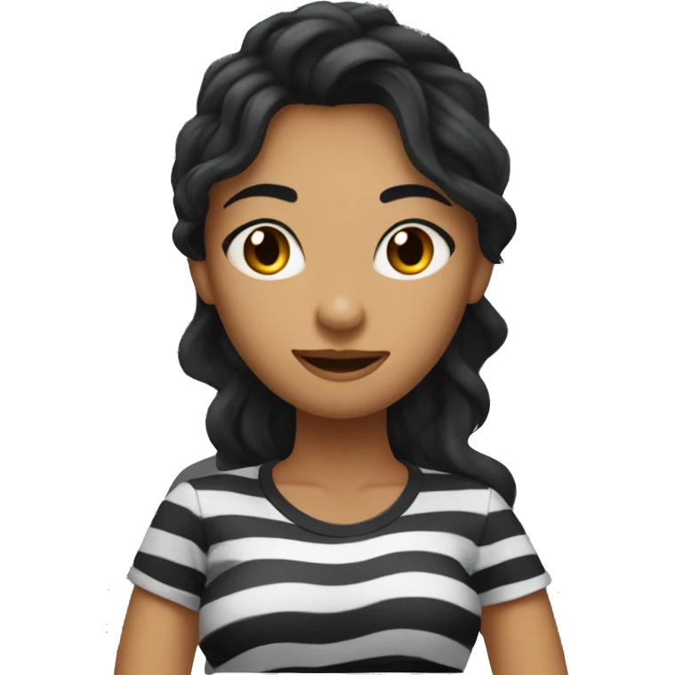 woman with long wavy black hair wearing black stripy t-shirt, and black eyes emoji
