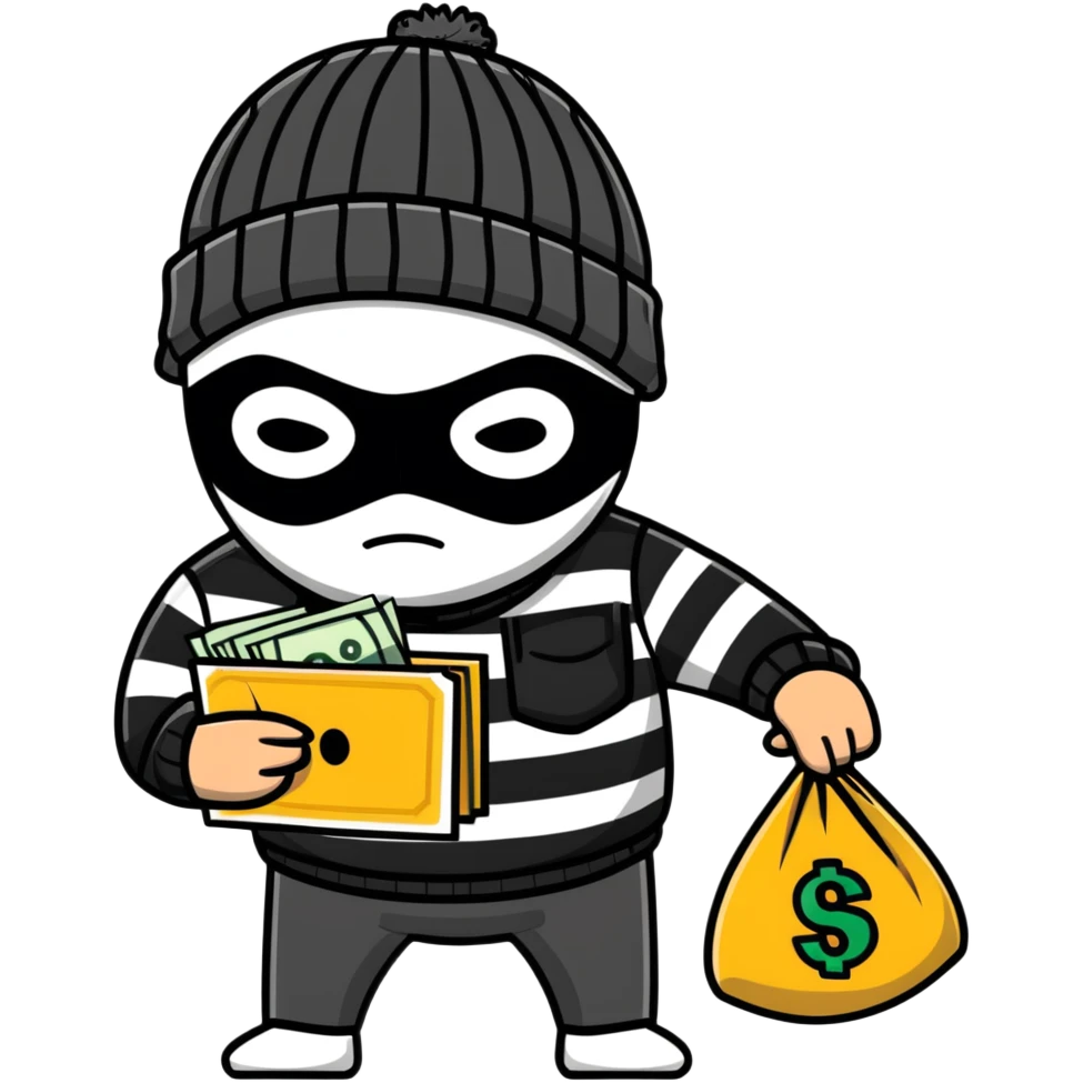 burglar wearing black and white striped shirt, black beanie, black mask over eyes, holding a moneybag emoji