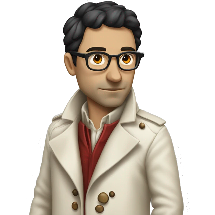 <excerpt>
A white man with real short Black hair, short mutton shops donning small red tinted sun glasses in a dirty white trench coat, is an alchemist.
</excerpt> emoji