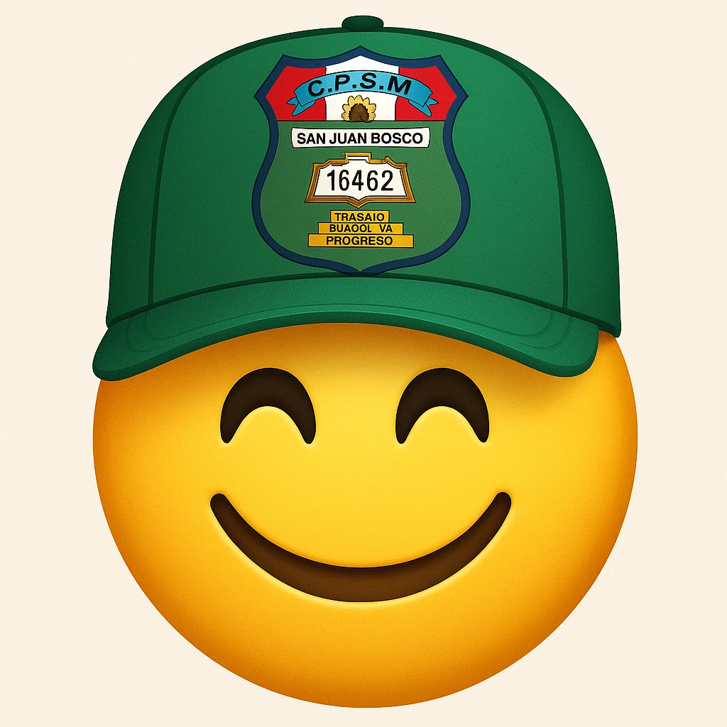 Create a happy emoji wearing a green cap with the school's insignia on the front of the cap, in classic emoji style. The style should resemble classic emojis with bright colors and simple features. emoji