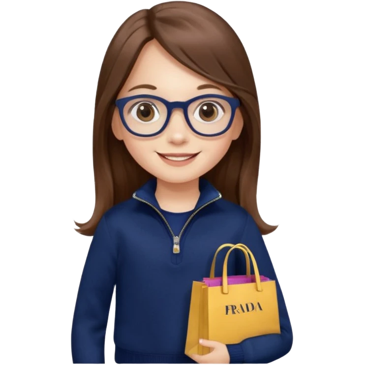 A little girl (he usually calls her baby), who is obsessed with shopping and luxury brands and holds a dozen of bags, she wears navy blue half zip sweater and holds 10 bags and she has long brown hair with Prada eyeglasses. The previous one but with eyeglasses  emoji