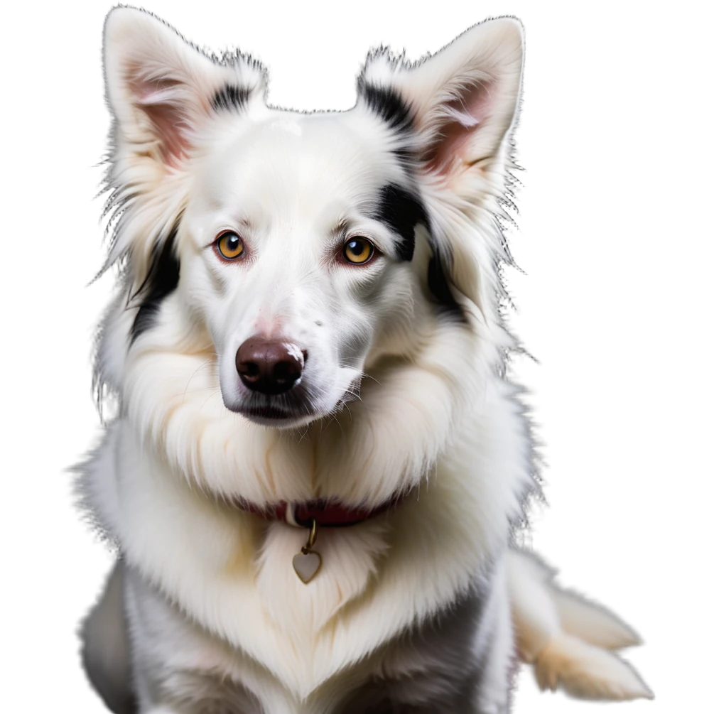 A pure white Border Collie dog sitting, with fluffy fur, alert pointed ears, and friendly expression emoji