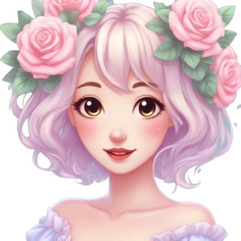 Gorgeous pastel anime style lady with blushing face and roses cottagecore fairycore pastelcore shiny colorful pearly petite simplistic aesthetic trending style emoji