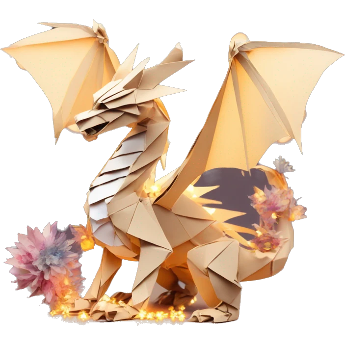 Beige Origami dragon made of newspapers on fire surrounded by fairy lights swirls covered in dried flowers bokeh library bunting floral flowers fire flames emoji