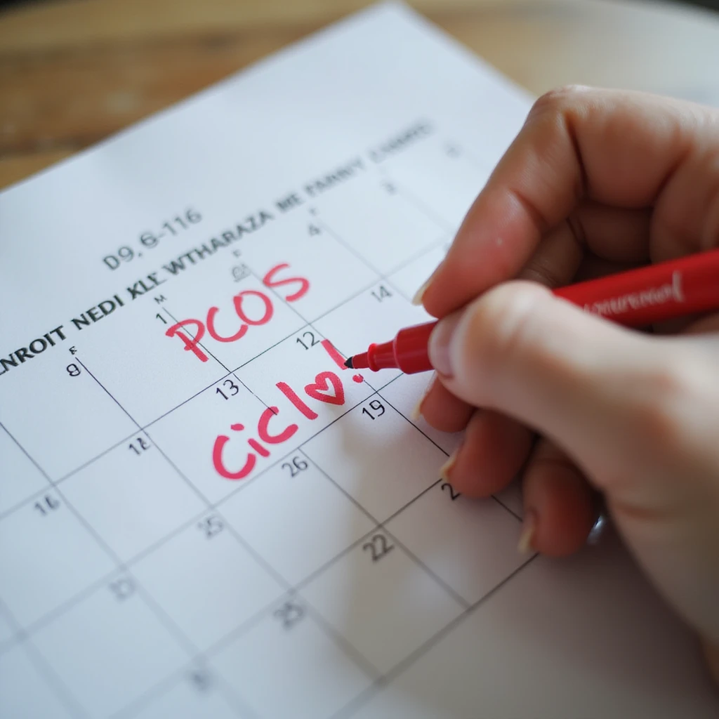 close-up of hands of a woman with PCOS marking the date of her period on a calendar with a red marker, with the word 'Ciclo!' and a heart, vertical 9:16, hyperrealistic 4K details emoji