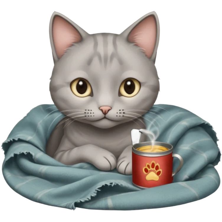 A thin grey cat curled on an old blanket, holding a tiny tin cup with its paws while looking shy but sweet.
 emoji