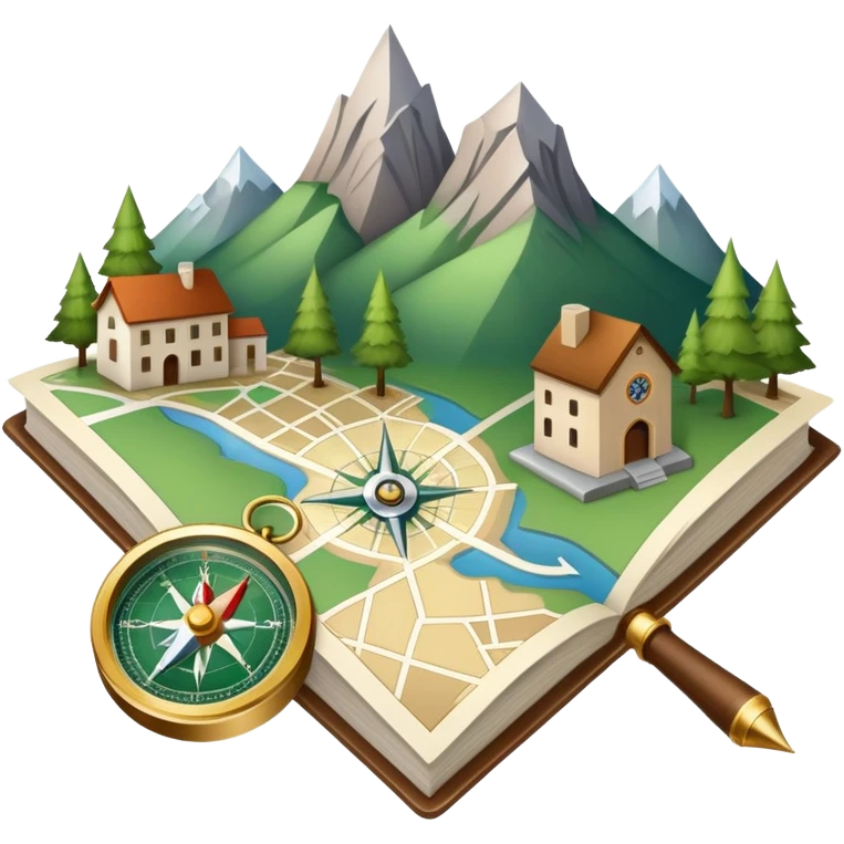 An icon featuring a local map, a compass, and regional landmarks, symbolizing local studies. The design includes a tree, mountains, and buildings, representing the unique geography and culture of a specific area. Transparent background highlights the exploration of local history and environment. emoji